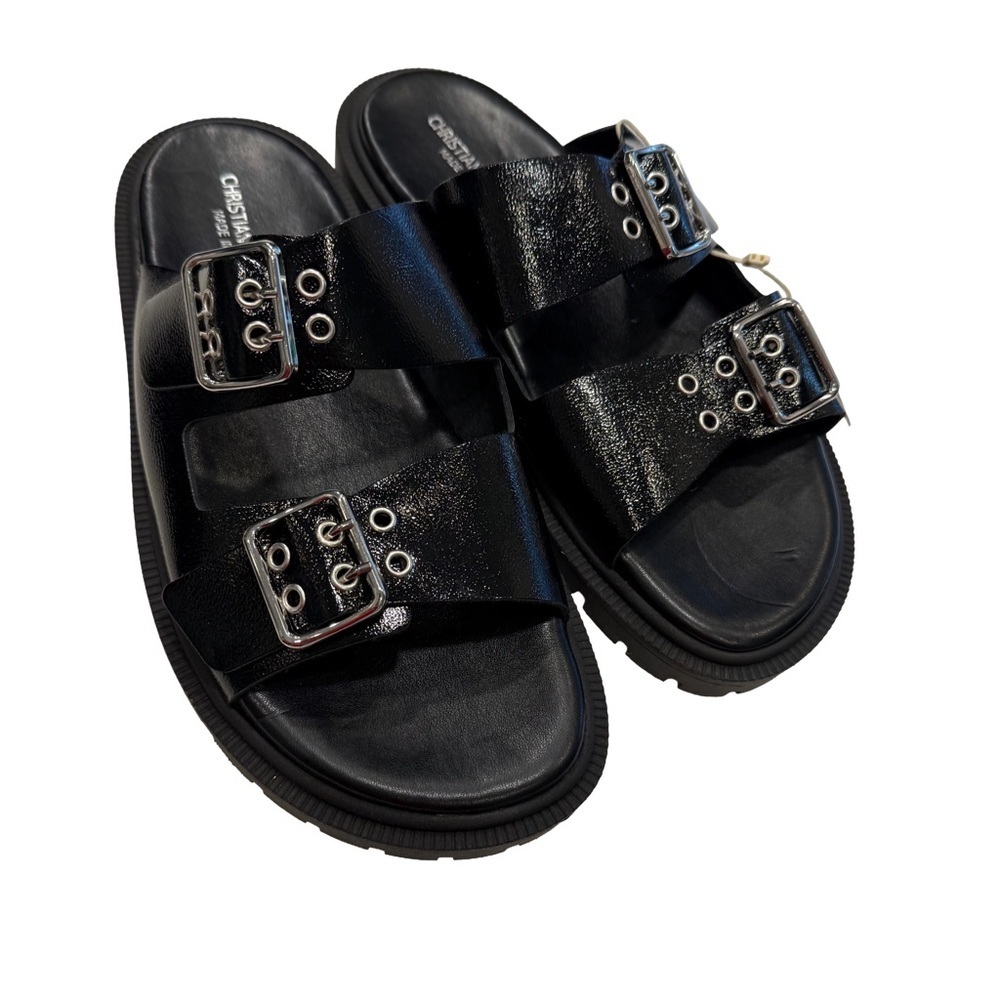 Christian Di Riccio Womenâs Black Patent Leather Double Buckle Sandals Sz 8.5